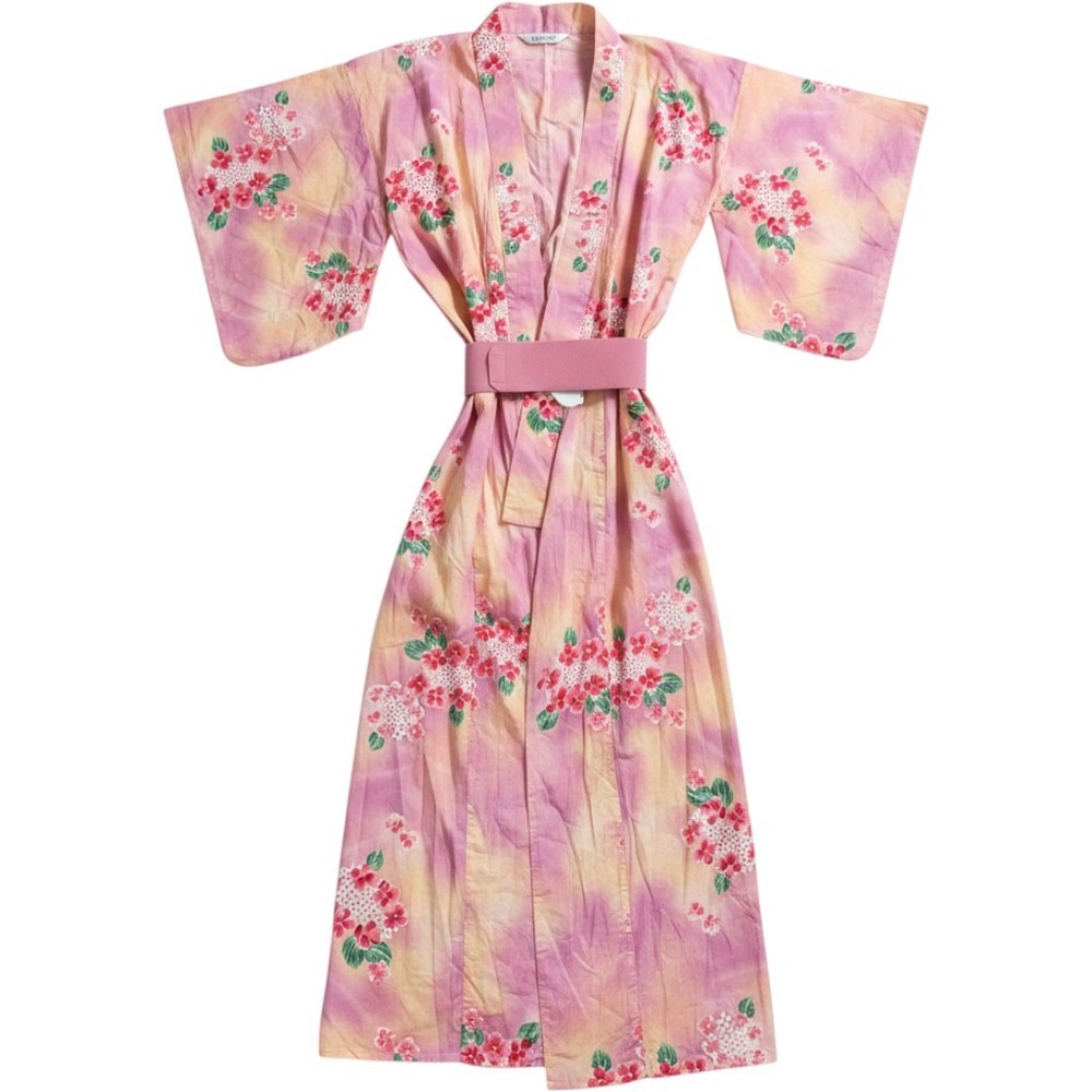 Vintage Japanese Cotton Yukata Kimono Pink Floral Tie Dye with Obi Belt Kyoto